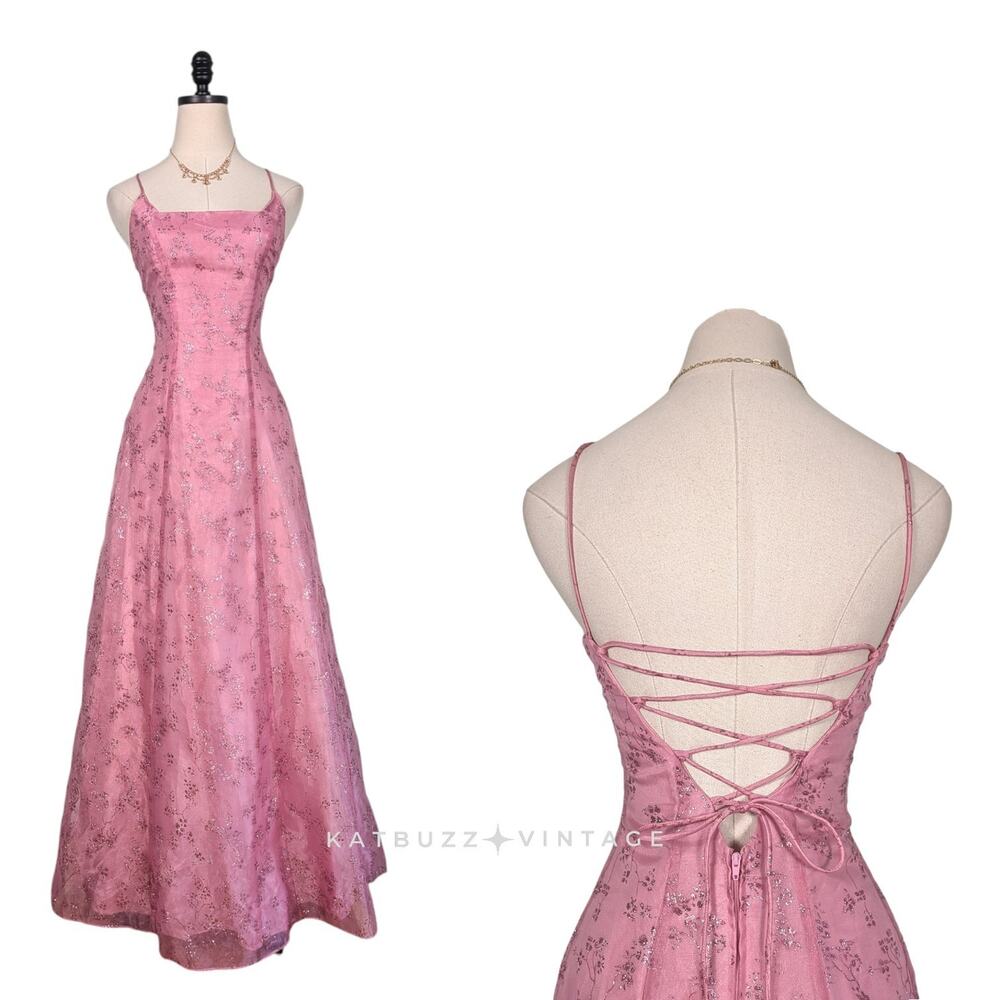 Vintage Prom Dress Maxi Gown 4 Pink Fairy Princess Corset 90S Y2K Sparkle Floral